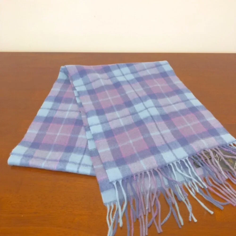 James Pringle Weavers Scotland Hand Crafted Purple Blue Plaid Wool Scarf NWT.